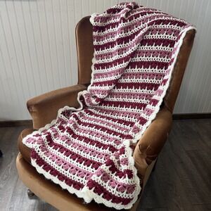 Handmade Crochet Afghan Blanket Striped Throw Cream Burgundy Rose Scalloped Edge